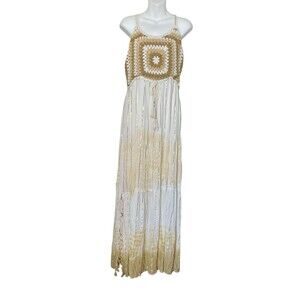Palak Boho White Gold Gradient Maxi Dress Tassel Crotchet Chest SZ M